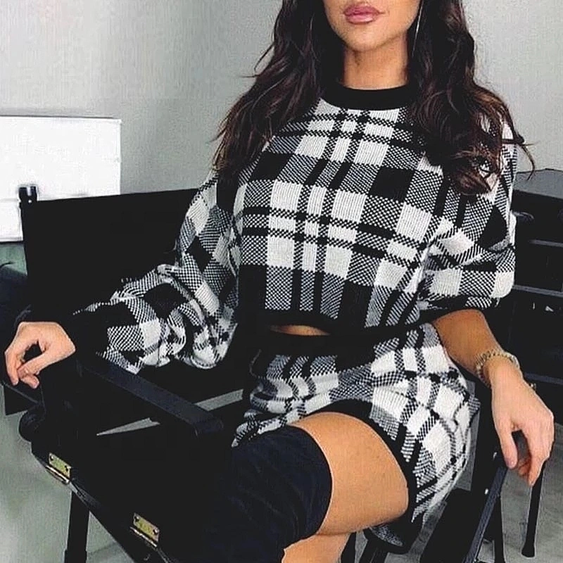 Knitted plaid sweater dress long sleeve Women autumn elegant Winter female women sweater dress