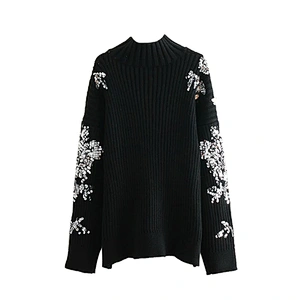 Women Beading Sequins Loose Knitted Sweaters Vintage High Collar Female Pullovers sweaters