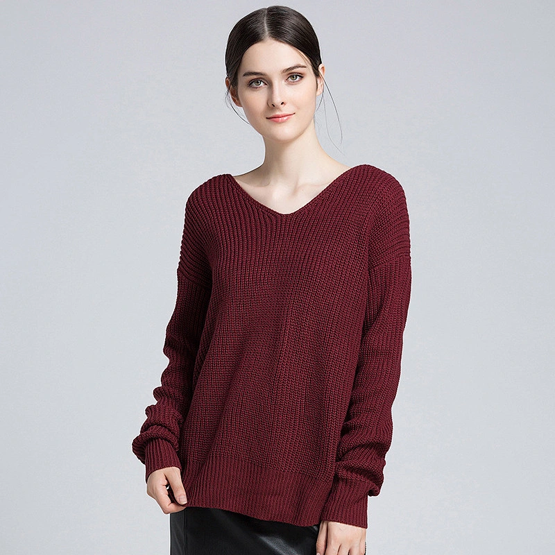 Women's V-neck pullover clothes leaky back knitwear fashion sweater