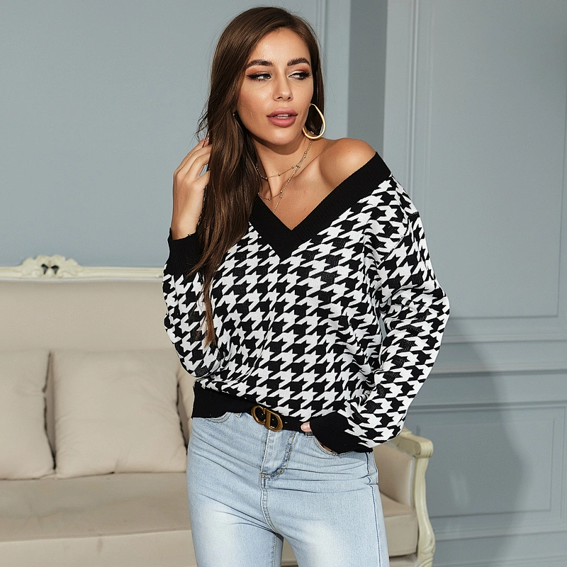 Fall clothing for women houndstooth v-neck sweater women  apparel stock sueter mujer