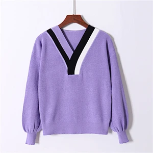 Autumn v neck solid winter Pullover Sweaters Women Girl Female Knitted balloon sleeve Plus Size sweater