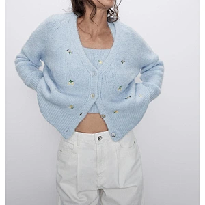 Floral Embroidered Knitted Women Cardigan Sweater V Neck Female Girl Cadigant Tops