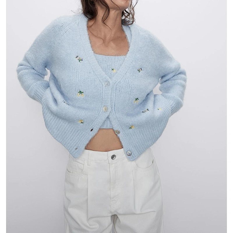 Floral Embroidered Knitted Women Cardigan Sweater V Neck Female Girl Cadigant Tops