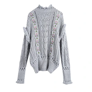 Fashion Embroidery Ruffled Loose custom pullover sweater knit women spring trendy sweater