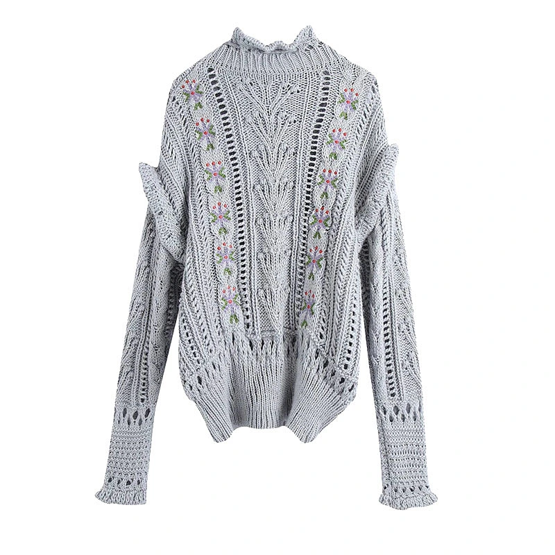 Fashion Embroidery Ruffled Loose custom pullover sweater knit women spring trendy sweater
