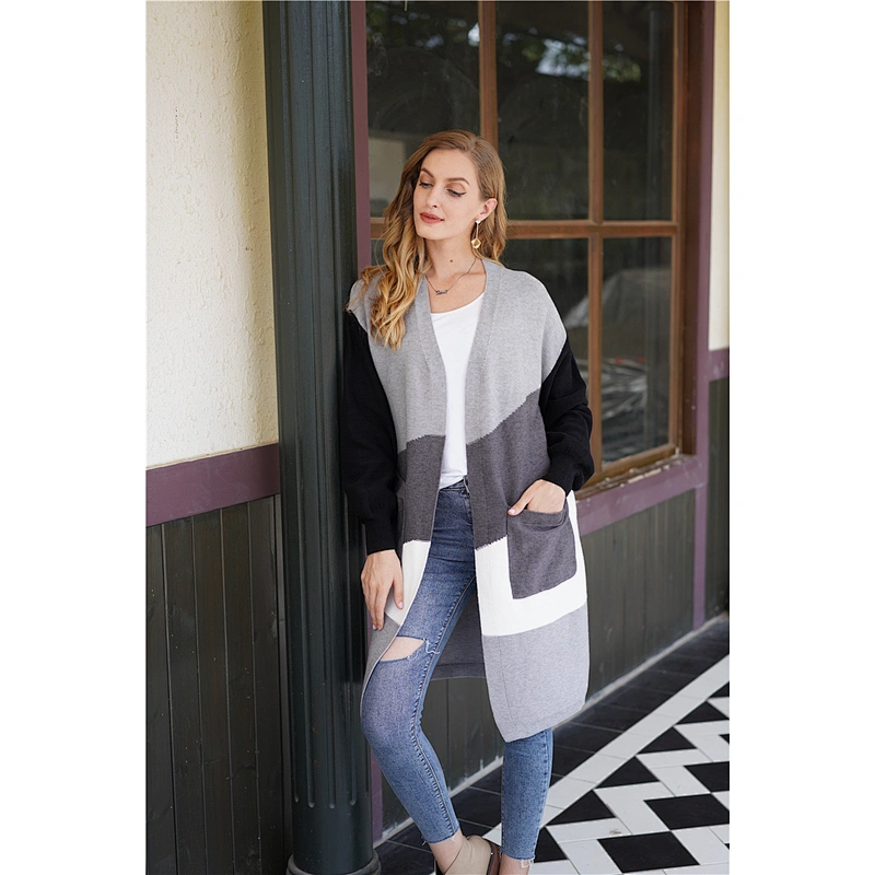 Women clothing casual contrast color coatigan elegant long cardigan apparel in stock