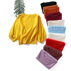 Winter knitted tops blouses women round neck puff sleeves solid color loose pullover sweaters