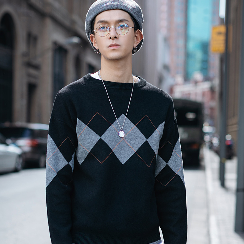 Men sweater custom logo knit long sleeve diamond pattern jumper knitted casual pullover men sweaters