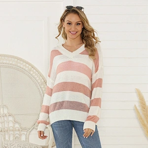 Women's striped V-neck sweater pullover loose thin sweater fall women tops