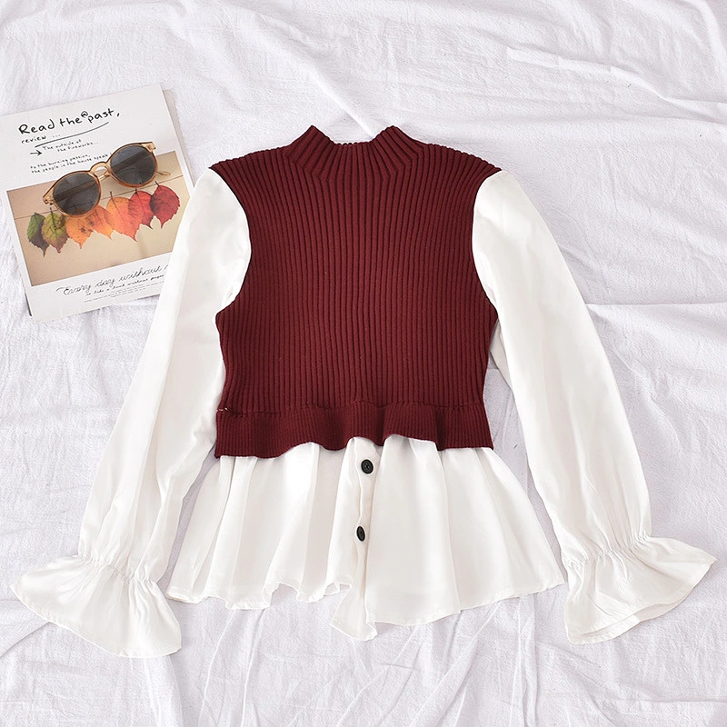 Niche knitting lotus leaf shirt sweater slim lantern long-sleeved new style women blouses
