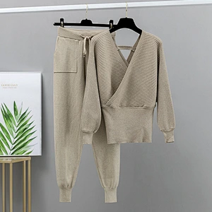 Bling off the shoulder 2 pc Sweater set Women V Neck Pullover  Autumn Winter Knitted Sweater Set