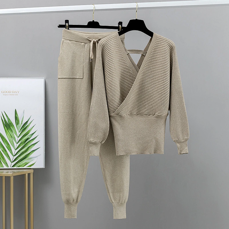 Bling off the shoulder 2 pc Sweater set Women V Neck Pullover  Autumn Winter Knitted Sweater Set