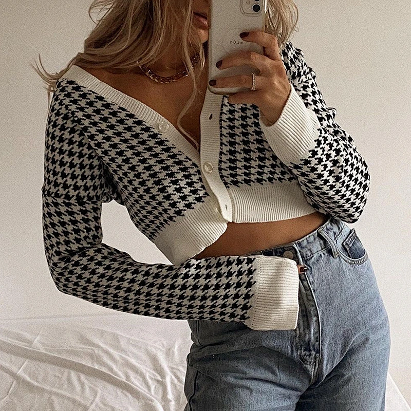 Autumn winter new fashion plaid V-neck coat cardigan sweater women casual woolen tops