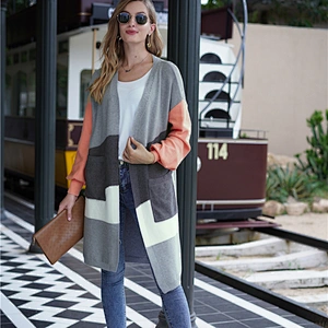 Women clothing casual contrast color coatigan elegant long cardigan apparel in stock