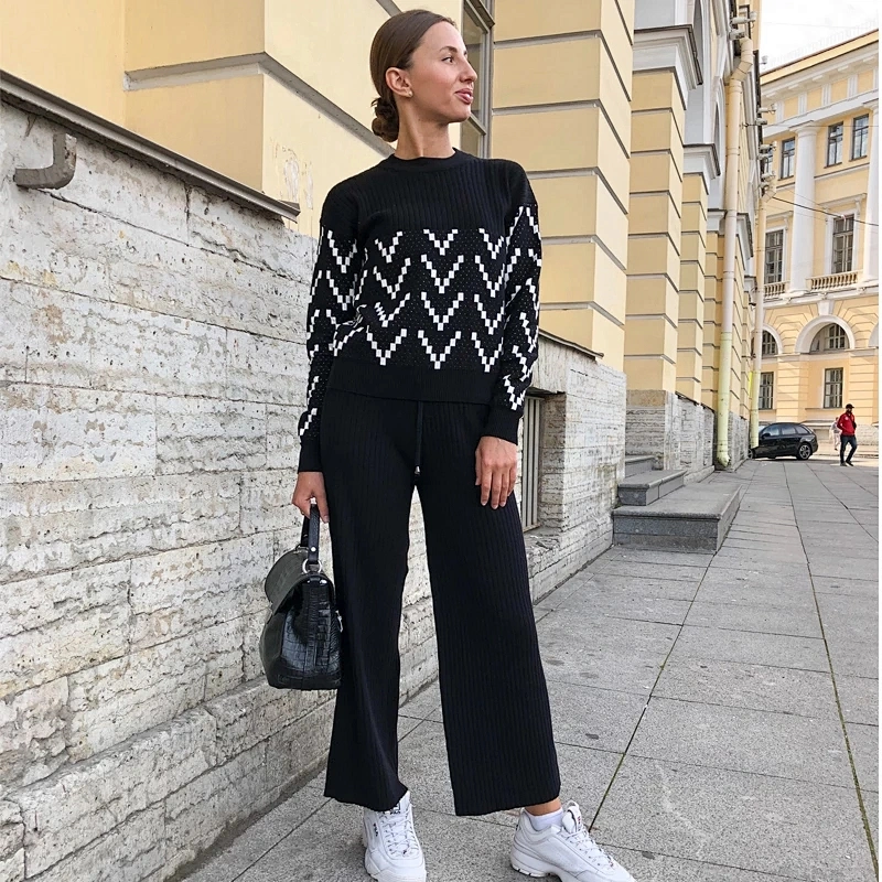 Winter fashion casual sweater 2 piece set women round neck plus size sweater set