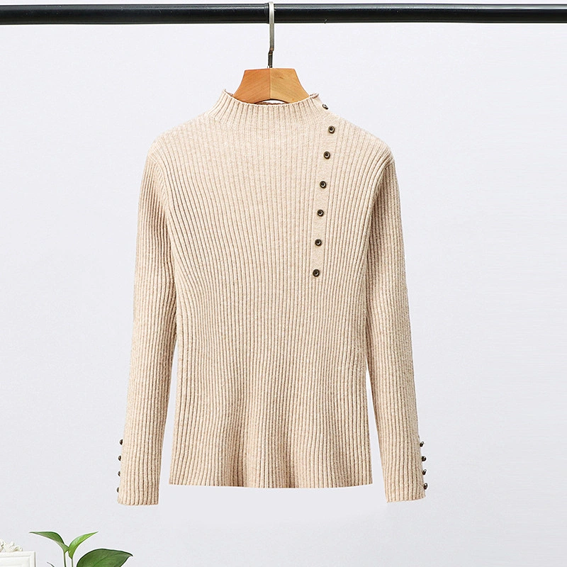 Multi-color Winter Clothing Solid Color Pullover Button Casual Womens Knit Sweaters