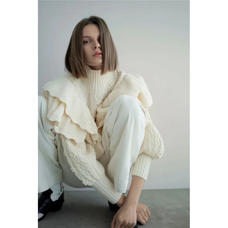 Women Ruffled Cropped Knitted Sweater Vintage High Neck Lantern Sleeve Female Pullovers Chic Tops