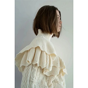 Women Ruffled Cropped Knitted Sweater Vintage High Neck Lantern Sleeve Female Pullovers Chic Tops