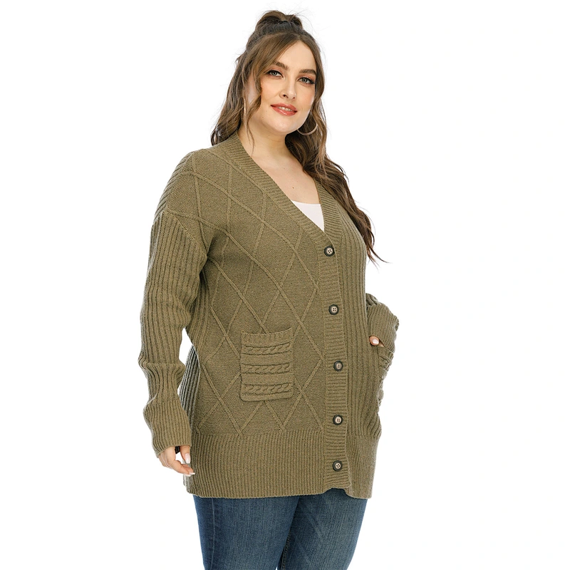 Fall thickened pocket jacket button fashion plus size sweater cardigan for women