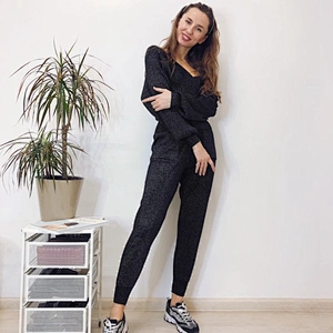 Bling off the shoulder 2 pc Sweater set Women V Neck Pullover  Autumn Winter Knitted Sweater Set