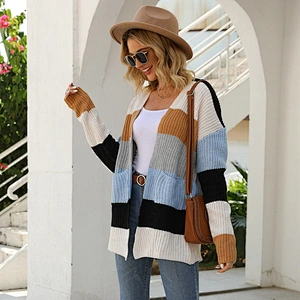 Ladies fashion color block knit cardigan thin striped women knitwear sweaters with pocket