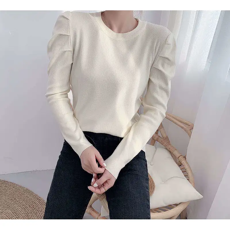 Knitted basic shirt sweater women puff sleeve long-sleeved solid color women knit top sweaters