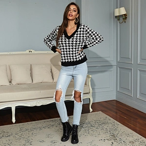 Fall clothing for women houndstooth v-neck sweater women  apparel stock sueter mujer