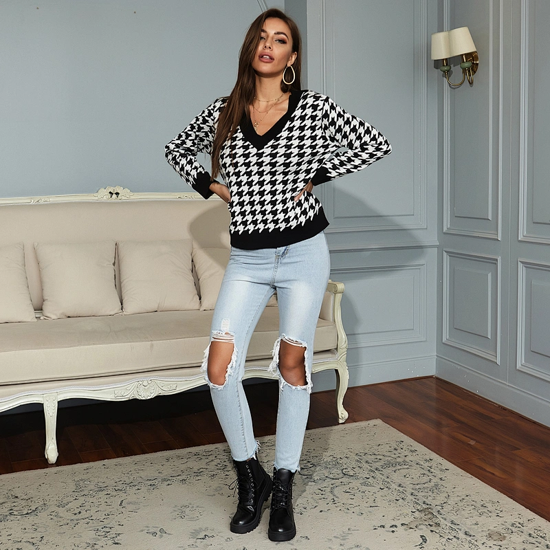 Fall clothing for women houndstooth v-neck sweater women  apparel stock sueter mujer