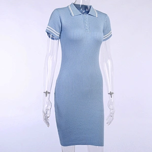 Women summer dress pure color bodycon knitted hip skirt Single-breasted polo-neck casual  dress