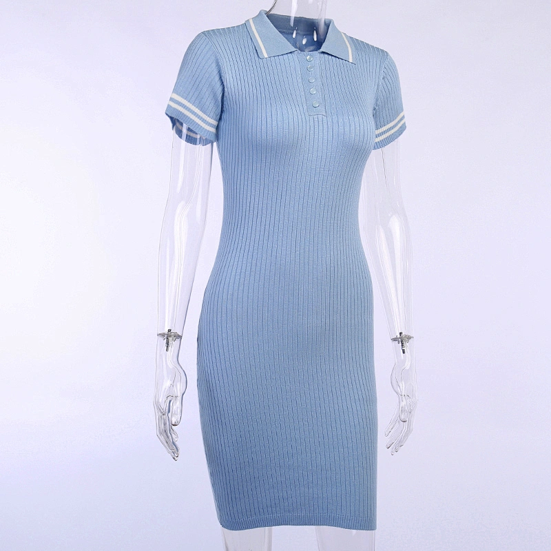 Women summer dress pure color bodycon knitted hip skirt Single-breasted polo-neck casual  dress