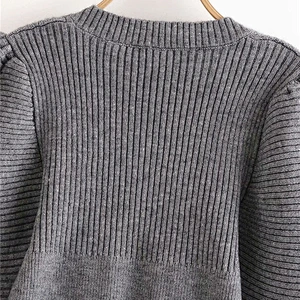 Vintage Square Collar designer sweater woman trendy white  Puff Sleeve Cropped Knitted sweater
