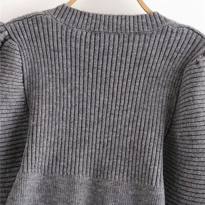 Vintage Square Collar designer sweater woman trendy white  Puff Sleeve Cropped Knitted sweater