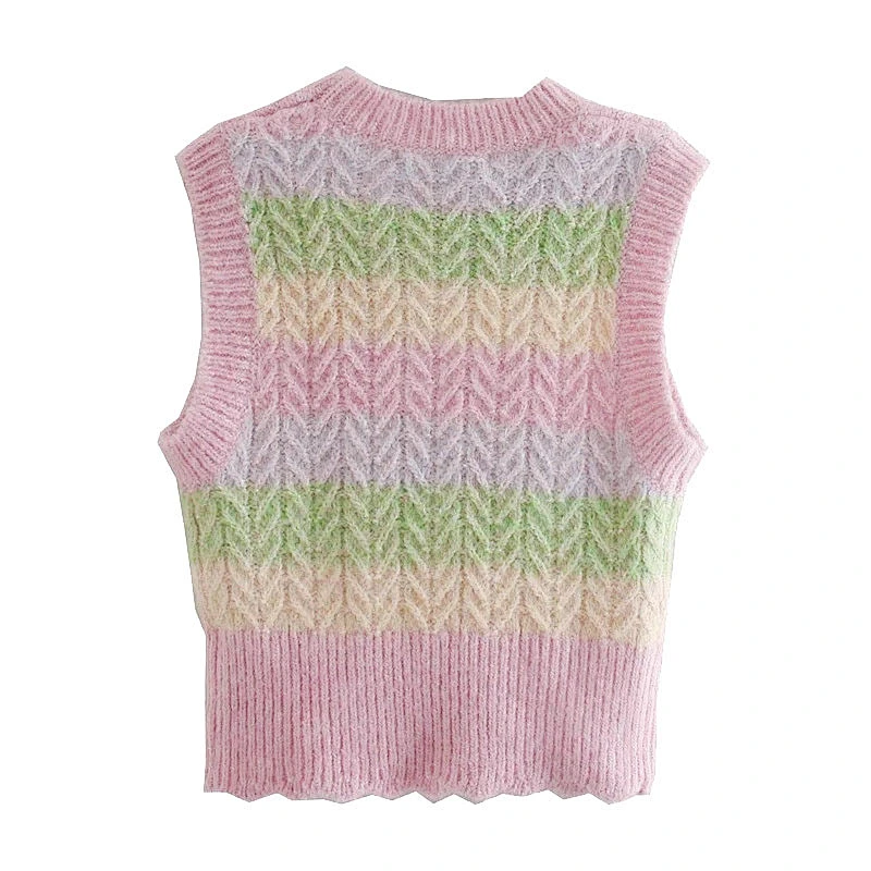Sweet Fashion With Ribbed Trims Striped Women's Vest Sweater Vintage O Neck Sleeveless Chic Tops