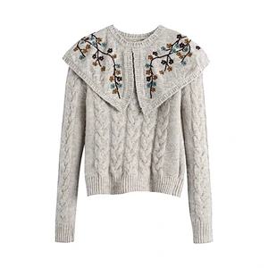 korean Embroidered womens knit sweater Cropped knitting crew neck embossed sweater