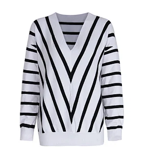 Women clothing autumn casual plus size sweater V-neck stripe knit sweater ropa de mujer
