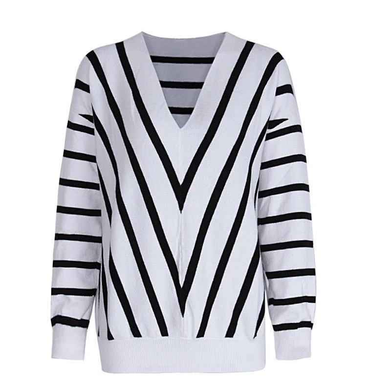 Women clothing autumn casual plus size sweater V-neck stripe knit sweater ropa de mujer
