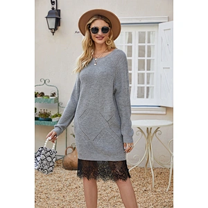 Autumn lace dress round neck knitwear loose solid color long sweater dress
