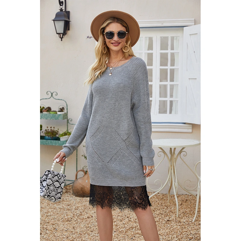 Autumn lace dress round neck knitwear loose solid color long sweater dress