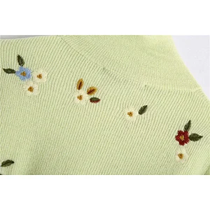 Floral Embroidery Cropped Winter Knitted Sweater women High Neck Long Sleeve Girl Pullovers Tops