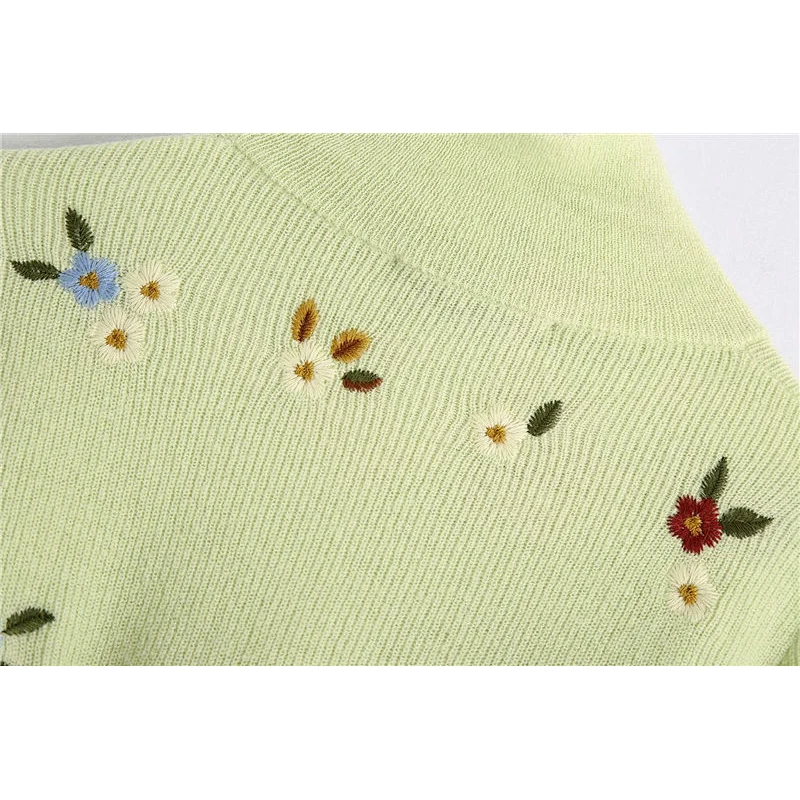 Floral Embroidery Cropped Winter Knitted Sweater women High Neck Long Sleeve Girl Pullovers Tops