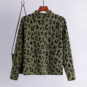 Leopard print high neck pullover sweater Korean top women autumn winter long sleeve loose knit ladies sweaters