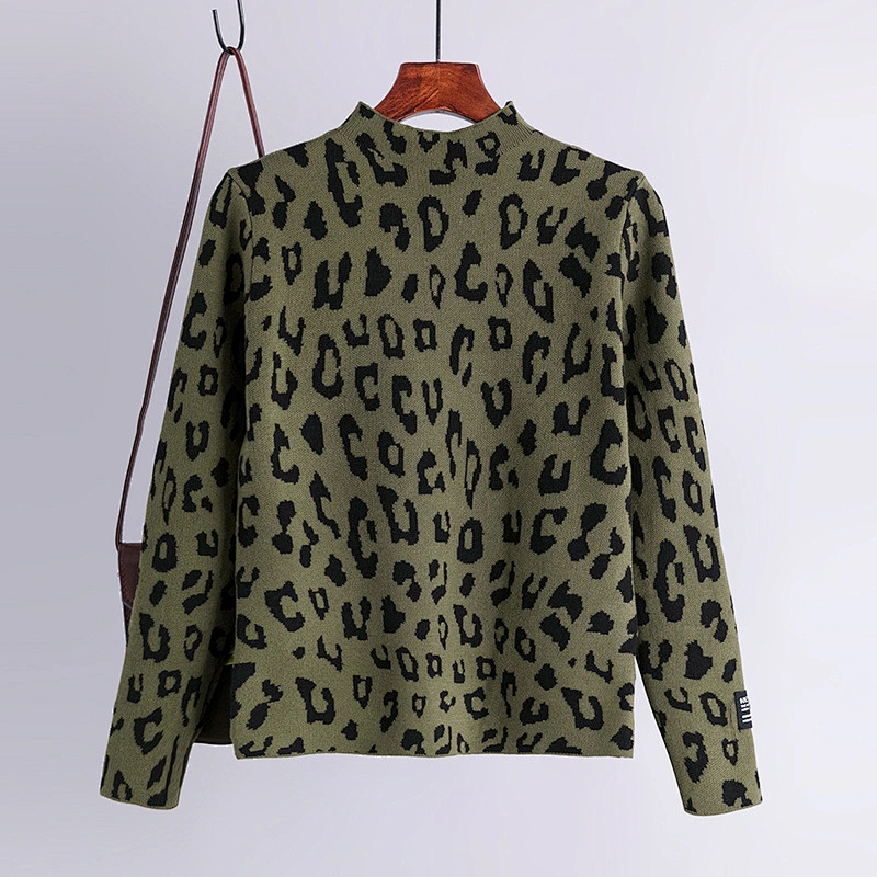 Leopard print high neck pullover sweater Korean top women autumn winter long sleeve loose knit ladies sweaters
