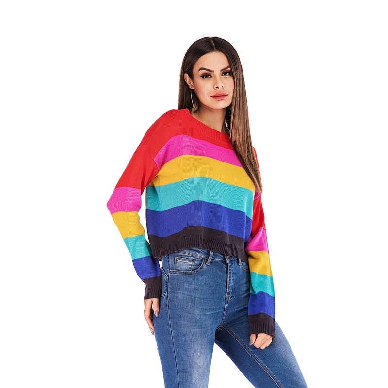 Women's loose knitwear fashion casual apparel rainbow striped long-sleeved sweater