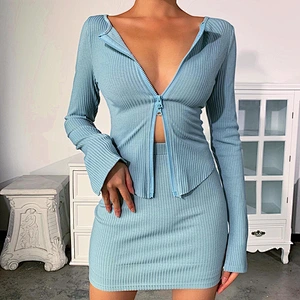 Fashion clothing for women sexy crop top two-way zipper knit shirt long sleeve crop top apparel stock mujer