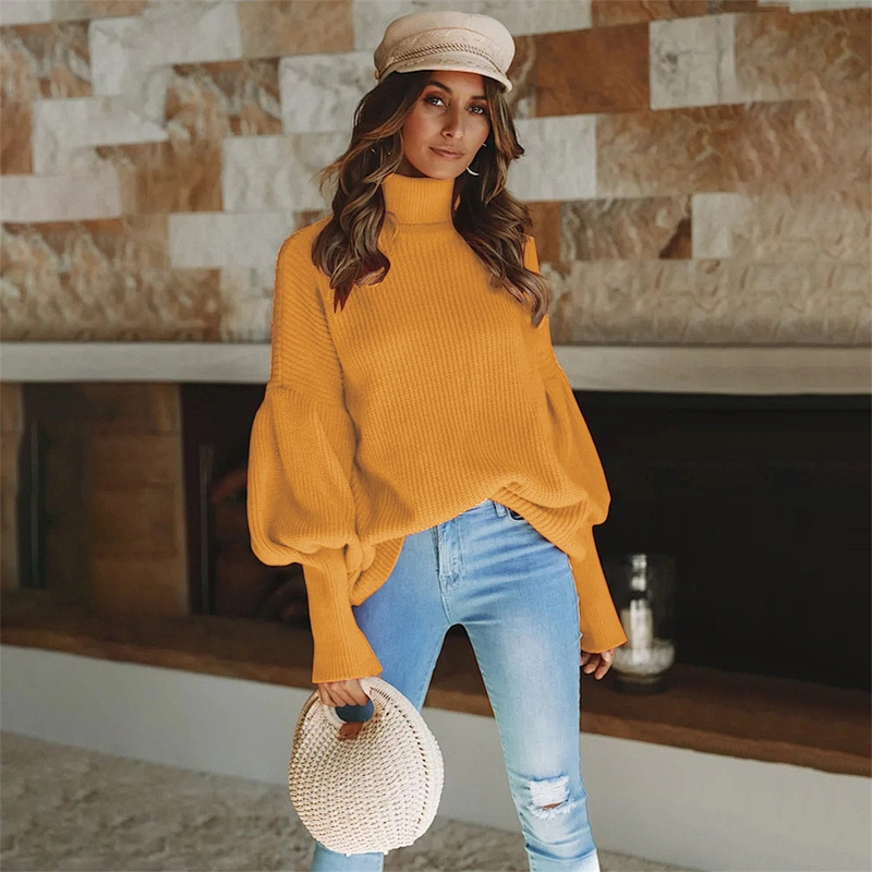 Turtleneck pullover solid color ladies fahion leisure sweater