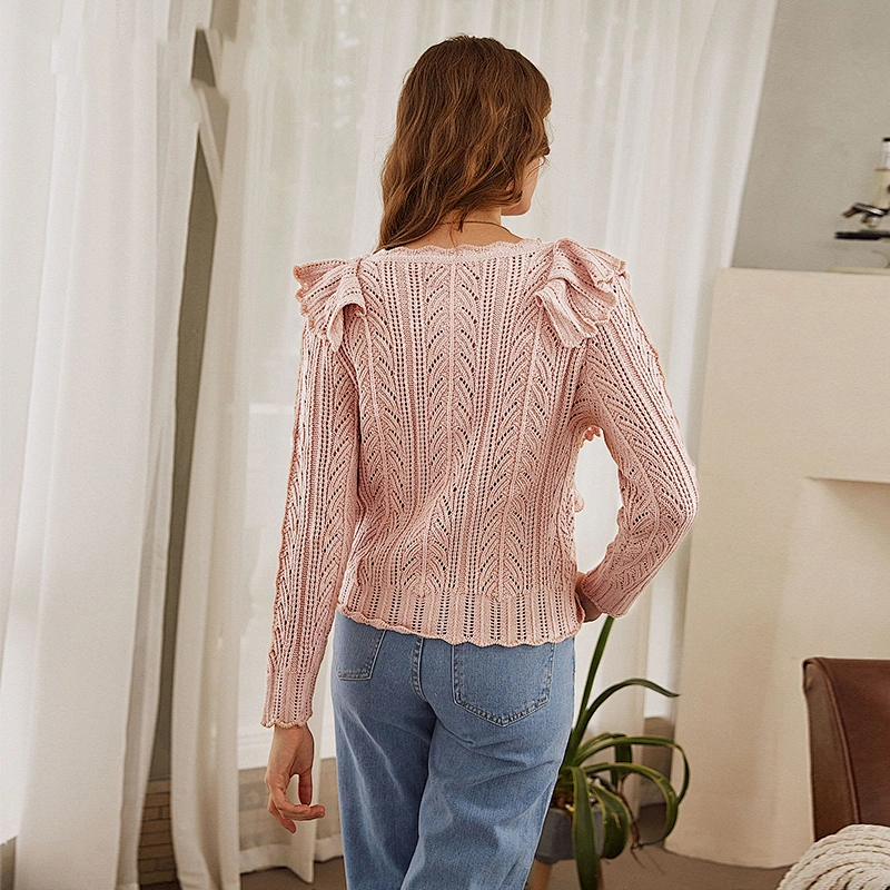 Simplee Knitted sweater women winter Long sleeve ruffled fashion Ladies Hollow pink sweater pullover