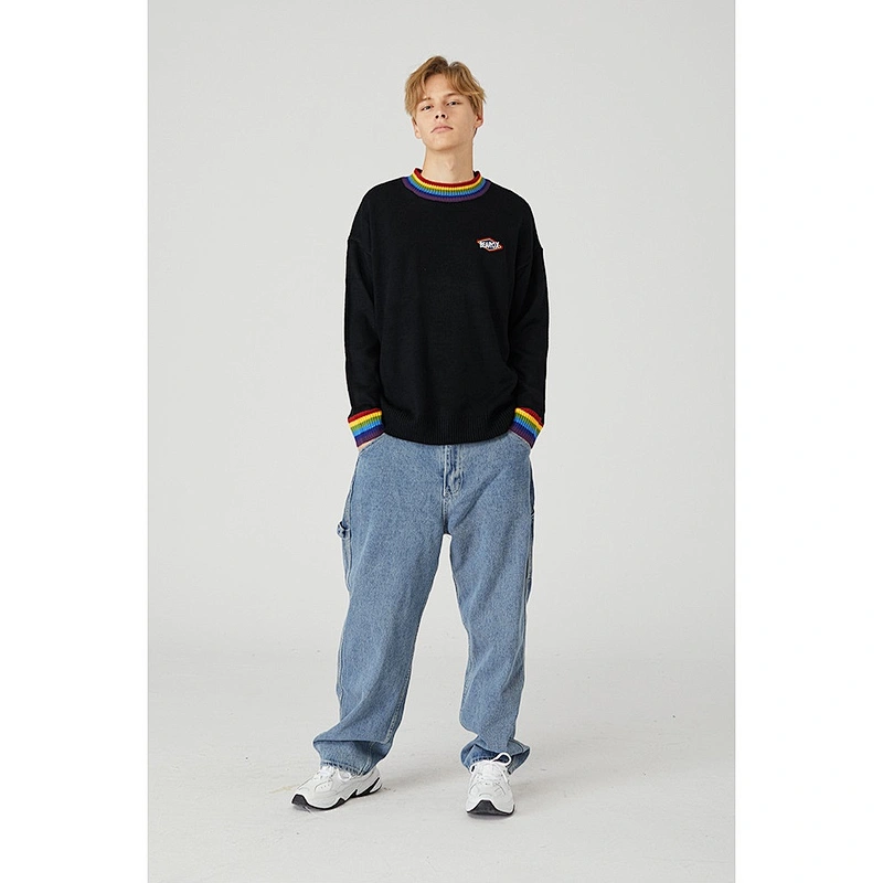 Unisex high collar oversize knitted sweater with logo custom embroidery men korean loose knitted sweater