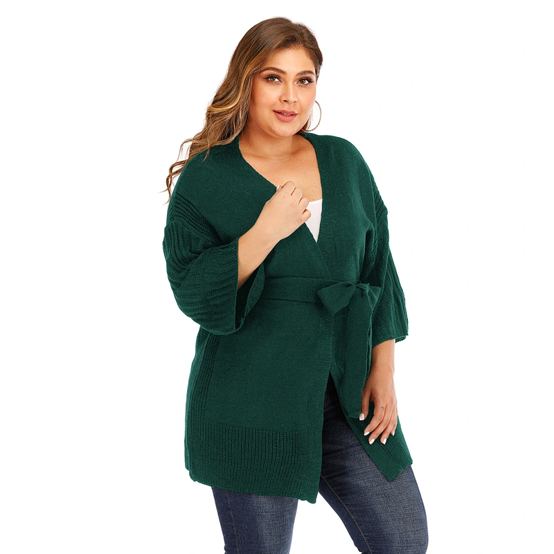 Plus size women's deep V neck knit sweater loose cardigan strap casual sweaters