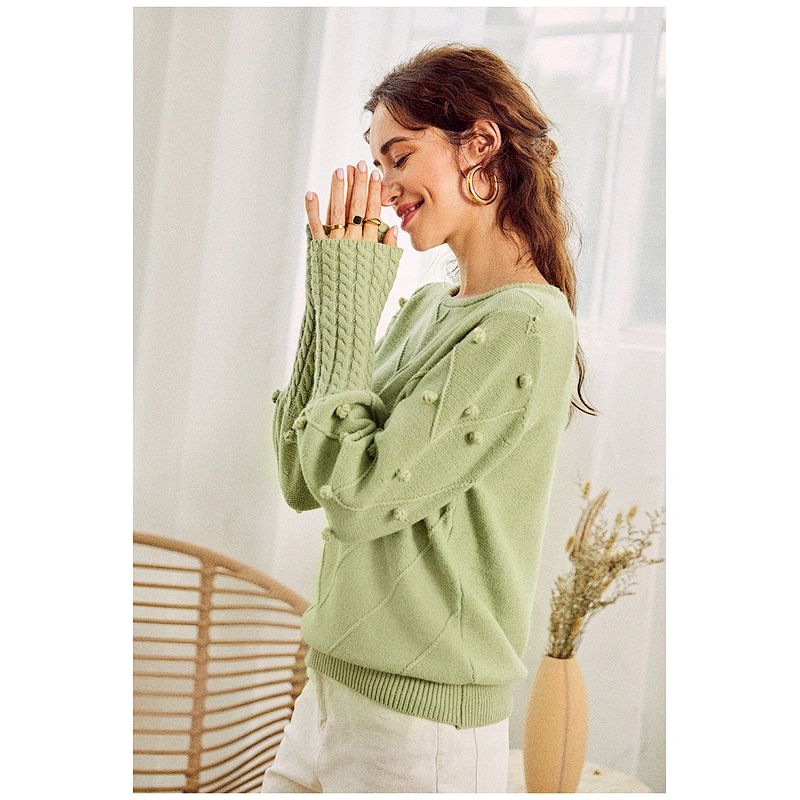 Elegant pompon women long sleeve knitted sweater streetwear ladies green pullover
