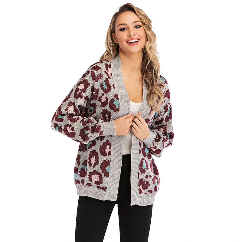 spring sweater grey leopard grain brown Diversified collocation of outer wear V-neck cardigans Sweater